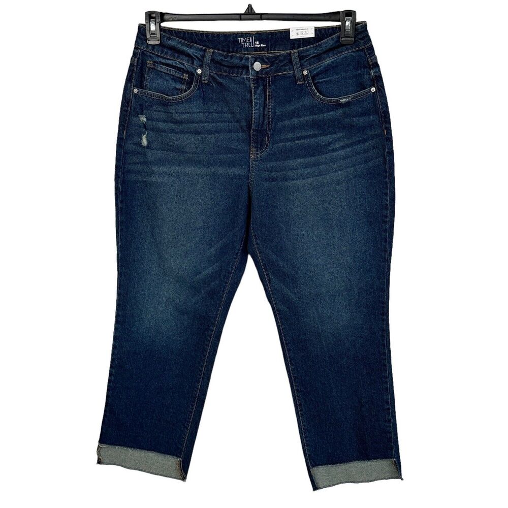 Time And Tru SZ 16 Jeans Hi-Rise Distressed Whiskered Frayed Step Hem Pockets